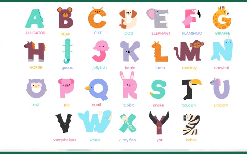 تمامی حروف بزرگ زبان انگلیسی بصورت نقاشی و شکلک حیوانات جهت درک بهتر کودکان در این تصویر دیده می شود.